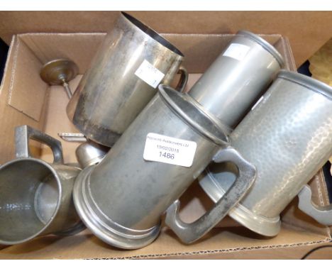 Pewter and EPNS tankards and an EPNS candle holder and a silver comb shield (London 1930) 1.3 ozt approx (7) 