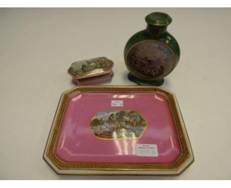 Three Prattware items including rectangular potlid with original base, toilet tray and moonflask with marbled green ground (3