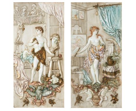 Paar Reliefbilder Karl Sterrer1844 Wels - 1918 Wien "Atelierszenen" 1892 je u. re. sign. u. dat. K. Sterrer 1892 87 x 58 cm (