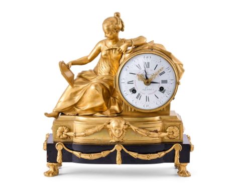 Figurenuhr, Louis-XVI-Stil, Frankreich um1860, sign. Imbert Lainé. Feuervergoldete Bronze. Trommelförmiges Gehäuse m. angeleh