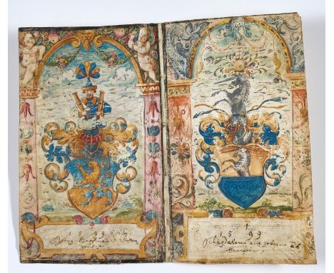 Doppelblatt Heraldik Dat. 1599"Wappenmalereien mit reichem Zierrat" Tempera/Gouache auf Pergament 15,2 x 18,6 cm, o. R
