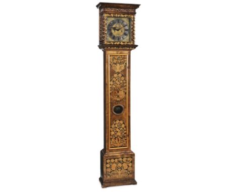Barock-Standuhr, London 18. Jh., sign. M. M.Jourdaine. Langkasten Nussbaum massiv u. furniert. Füllungsfelder m. ornamentalen
