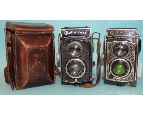A Rollei Rolleicord Art Deco TLR camera c1930's, serial no.013905? and a Rollei Rolleicord 1A, F&amp;H logo, in leather case,