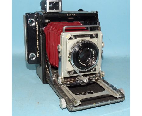 A Graflex Century Graphic 2¼'' x 3¼'' press camera, serial no.528304, red bellows, Rodenstock - Ysarex f4.5 105mm, Synchro-Co