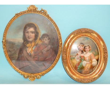 Indistinctly-signed, Continental, a woman wearing a scarf and cloak with a small child, pastel, framed oval, 38 x 33cm and a 
