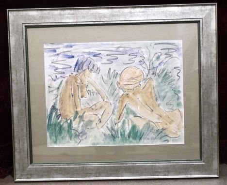 After Otto Muellar (1874-1930), "Zwei Weibliche Akte am Seeufer 1923", (two female nudes on the lake shore), coloured print, 