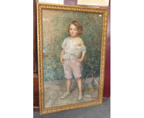 L C Brescau ZAZI 4 ANS ½ Portrait of a child with bucket and spade, signed and titled pastel, 125 x 82cm. 