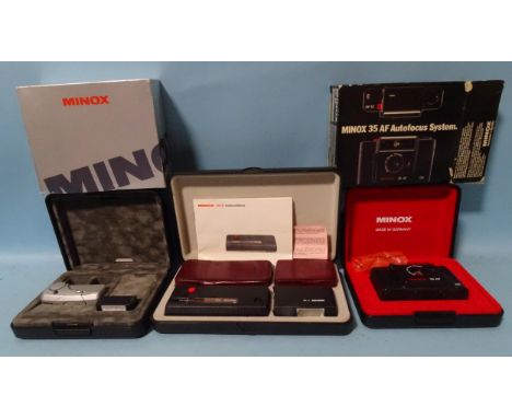 Three Minox cameras: 35AF, MX (incomplete), both in original boxes and 110S, (cased), (3). 