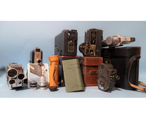 Ten vintage ciné cameras: Midas ciné camera/projector (cased), Bell &amp; Howell "Filmo Sportster", Ciné-Kodak B (cased), Cin