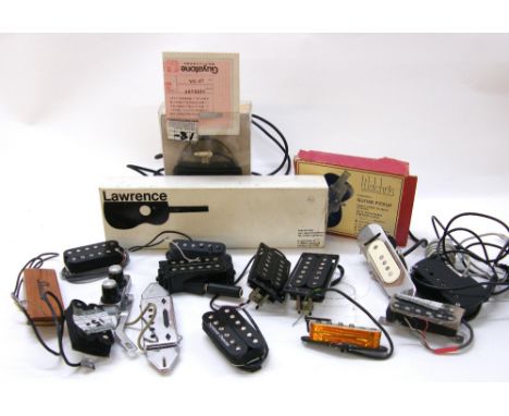 Quantity of vintage and later guitar pickups including a DeArmond 210 sound hole pickup, a Lawrence pickup, boxed, a Walchris