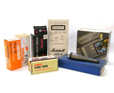 Boss T-12 chromatic tuner, guitar and bass auto tuner and an Arion HU-8500 guitar tuning pedal; also a Marshall MS-4 micro gu