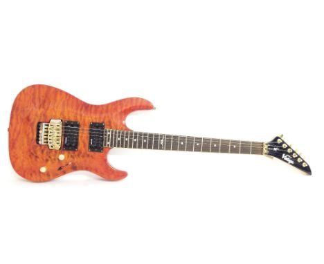 Vintage Metal Axxe electric guitar, quilted burnt orange finish with light surface marks, typical wear to gold plated parts, 