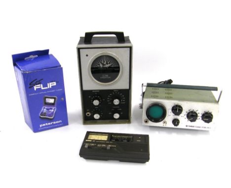 Peterson Strobo Flip VS-F compact virtual strobe tuner, boxed; together with a Yamaha PT3 tuning scope, a vintage Conn strobe