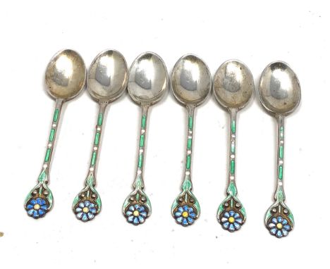 6 antique silver &amp; enamel tea spoons