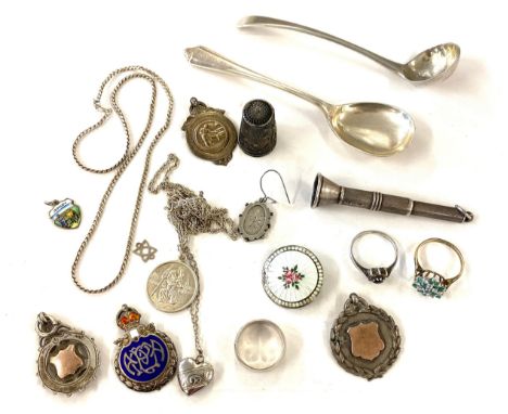 Selection of vintage and later silver items includes fobs, enamel brooch, rings etc 