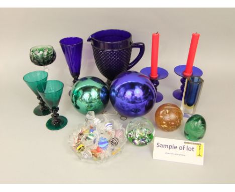 A shelf of various 19th century and later glassware to include a possible American pressed blue glass jug with hobnail finish