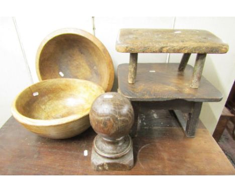 Two 19th century dairy bowls, a primitive oak stool on square cut supports, together with one other and a turned oak finial (