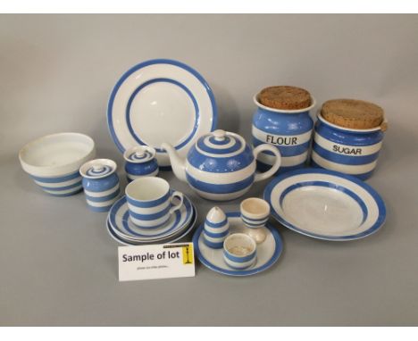 A collection of TG Green &amp; Co Cornish kitchen wares with blue banded finish comprising tea pot, various storage jars incl