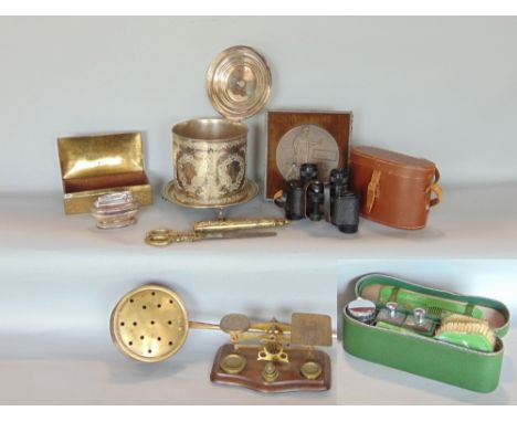 A box of interesting items to include a bronze death token, weighing scales, silver plated biscuit barrel, etc (9)