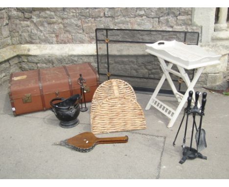A canvas and timber lathed travel trunk, painted and distressed pine folding tray on stand, wicker log basket, coal scuttle a