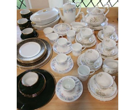 A collection of Royal Albert Haworth pattern tea wares including tea pot, cake plate, milk jug, sugar bowl, five cups, six sa