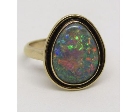 Good 9ct pear cut boulder opal ring, maker BHM, size N, 5.5g