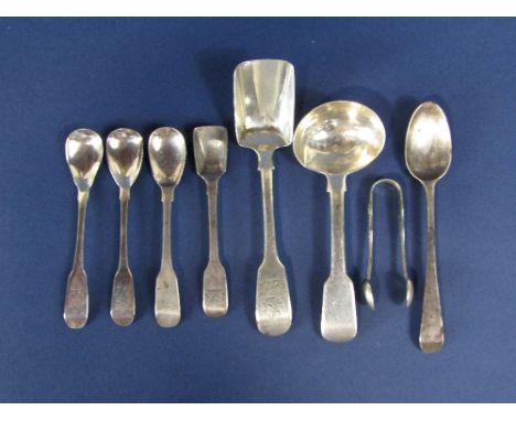 A mixed collection of Irish and English Georgian silver to include two sugar shovels, three long stemmed spoons, a tea spoon,