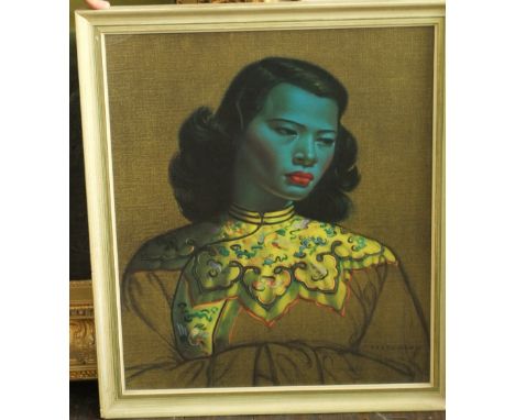Vladimir Tetchikoff (20th century) - Shoulder length portrait of a Chinese woman in yellow robe, coloured print, 61 x 50cm, f