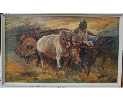 R G Trow (20th century British) - Ox drawn cart and driver, oil on board, signed and dated 1968, 52 x 91cm, framed