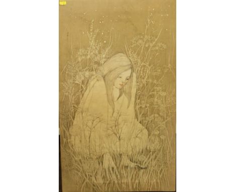 Thomsett (20th century) - Study of a young woman crouching amongst wild flowers, mixed media on fabric panel, 77 x 47cm, unfr