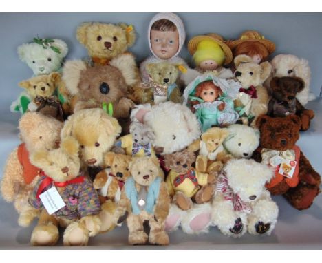 Large collection of dolls and teddy bears including Steiff classic bear 45 cm tall with growl, a small Steiff 1920 classic be