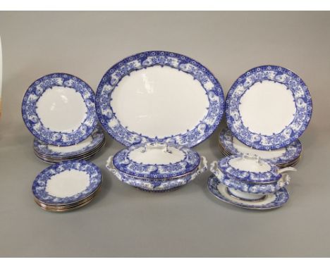 A collection of late 19th century Malvern pattern blue and white printed dinnerwares comprising tureen and cover, sauce turee