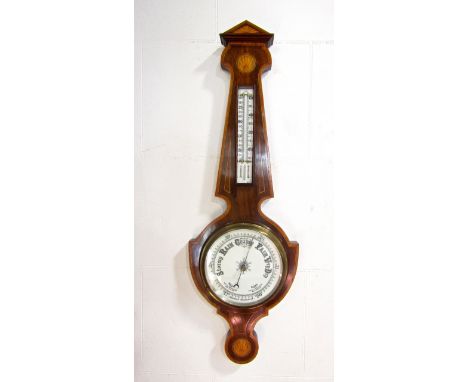 Good quality rosewood and satinwood cross banded banjo barometer inlaid with conch shells, with mercury thermometer, 90cm hig