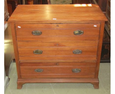 A satin walnut chest of three long drawers on bracket supports 92 cm wide