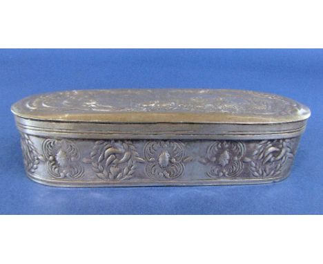 Continental white metal glasses/trinket box, the hinged lid embossed with a scene with figures and animals, 15cm long, 5.5oz 