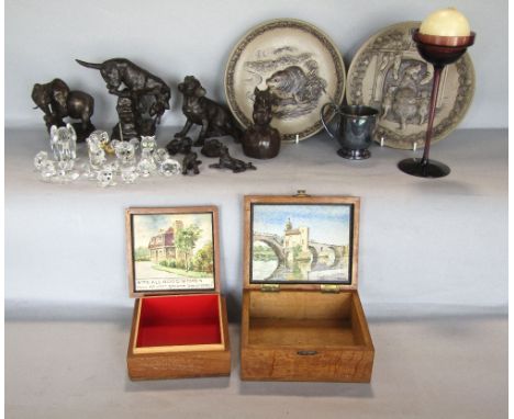 A mixed collection of miscellaneous items to include bronzed resin figures of dogs, a mouse and an elephant, two simple woode