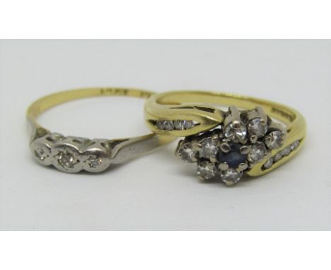 18ct diamond and sapphire cluster crossover ring, size K/L, together with a further 18ct diamond set ring, 5.5g gross (2)