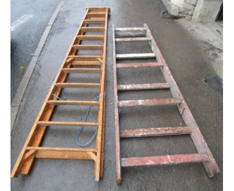A large vintage wooden folding step ladder with reeded treads, together with a further large trestle (2) to be sold for displ