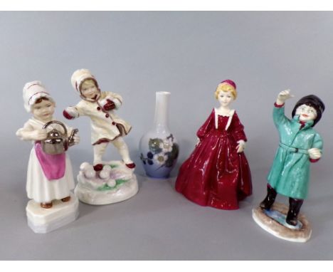 Four Royal Worcester figures - February 3453, December 3458, Grandmothers Dress 3081 and Polly Put The Kettle On 3303, togeth