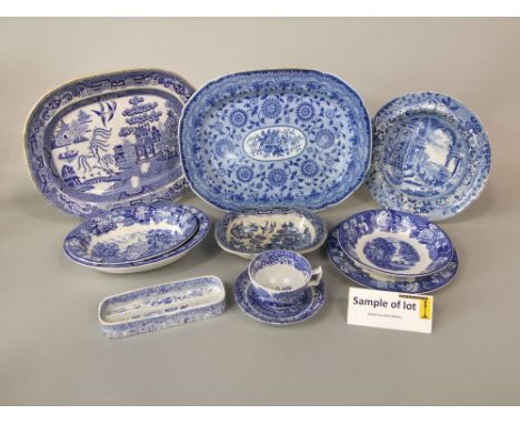 A collection of blue and white printed ceramics including five Copeland Spode Italian pattern tea cups and six saucers, toget