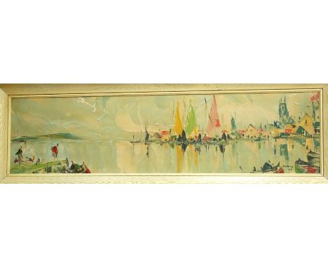 George R Deakins - Panoramic coastal scene with yachts, impasto oil on board, signed and dated, 69 with artist label verso, 3