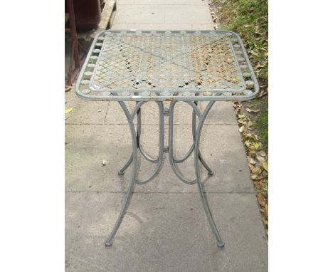 A contemporary light green painted cast aluminium three piece garden terrace set comprising a table, the square top with deco