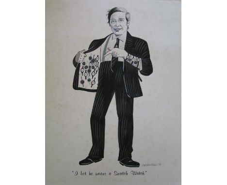William (Bill) Robertshaw (20th century) a black and white gouache advertising study of a humorous watch salesman inscribed '