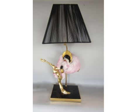 Porcelain and gilt cast metal figural table lamp decorated with a cockatoo upon a branch, 70cm high including shade