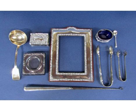 A collection of silver to include two silver applied picture frames, silver sauce ladle, good pair of Kinds Hosk pattern suga