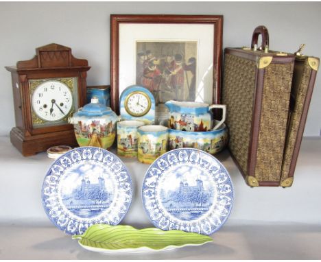 Continental two train shelf clock, together with ceramic clock case, vases, jug, set, etc, all with Tower of London and Beefe