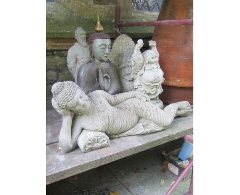 Five contemporary composite garden ornaments in the form of hollow cast Buddha's head, simulated marble standing Buddha, recl