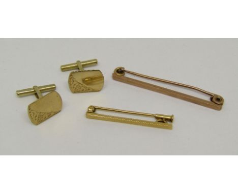 9ct pair of cufflinks with engraved decoration, together with two yellow metal tie pins; one with foreign marks and the other