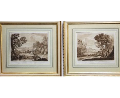After Claude Lorraine (French 1600-1682) - Pastoral landscapes with figures, goats and cattle, pair of sepia engravings by R 