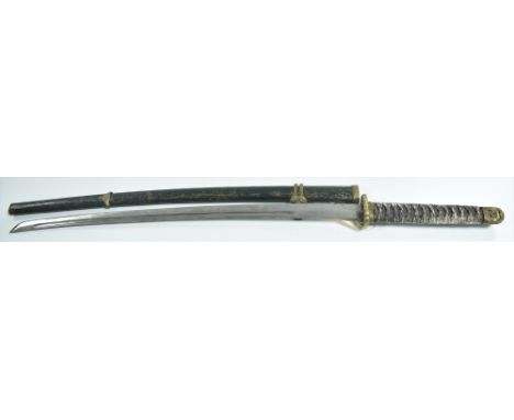 A Japanese katana type sword, the 69cms blade with moulded character marks (now faint), leather bound wooden grip and metal s